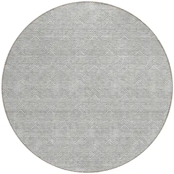 8' Gray And Ivory Round Geometric Washable Indoor Outdoor Area Rug