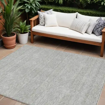 9' X 12' Gray And Ivory Geometric Washable Indoor Outdoor Area Rug