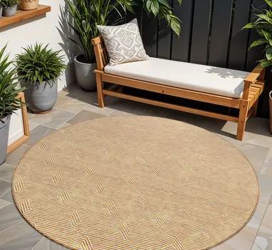 8' Orange And Ivory Round Geometric Washable Indoor Outdoor Area Rug
