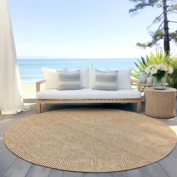 8' Orange And Ivory Round Geometric Washable Indoor Outdoor Area Rug