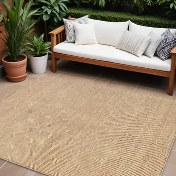 8' X 10' Orange And Ivory Geometric Washable Indoor Outdoor Area Rug