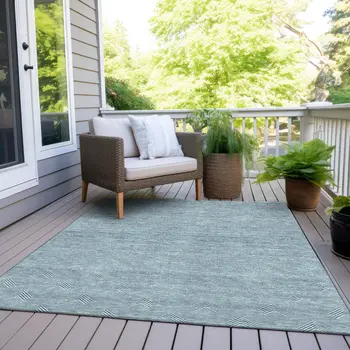 3' X 5' Teal Blue And Ivory Geometric Washable Indoor Outdoor Area Rug