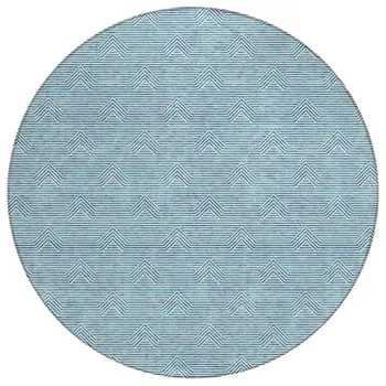 8' Teal Blue And Ivory Round Geometric Washable Indoor Outdoor Area Rug