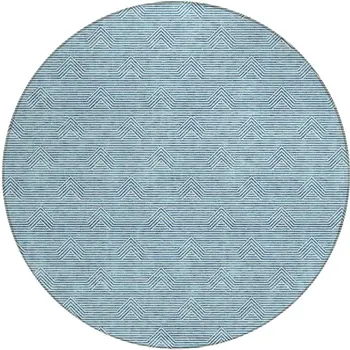 8' Teal Blue And Ivory Round Geometric Washable Indoor Outdoor Area Rug