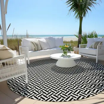 8' Black And Ivory Round Geometric Washable Indoor Outdoor Area Rug