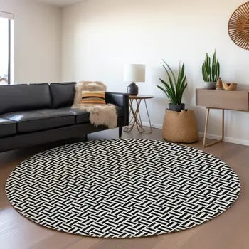 8' Black And Ivory Round Geometric Washable Indoor Outdoor Area Rug