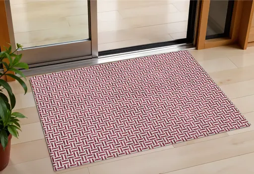 3' X 5' Burgundy And Ivory Geometric Washable Indoor Outdoor Area Rug
