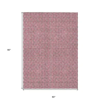5' X 8' Burgundy And Ivory Geometric Washable Indoor Outdoor Area Rug