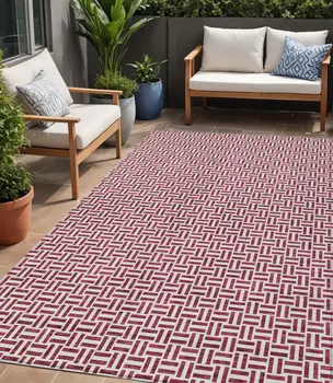 5' X 8' Burgundy And Ivory Geometric Washable Indoor Outdoor Area Rug