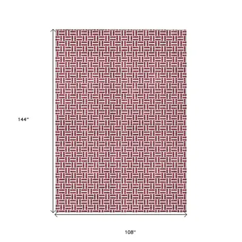 9' X 12' Burgundy And Ivory Geometric Washable Indoor Outdoor Area Rug