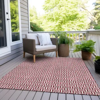 9' X 12' Burgundy And Ivory Geometric Washable Indoor Outdoor Area Rug