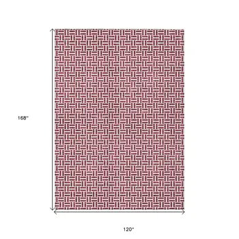 10' X 14' Burgundy And Ivory Geometric Washable Indoor Outdoor Area Rug
