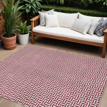 10' X 14' Burgundy And Ivory Geometric Washable Indoor Outdoor Area Rug