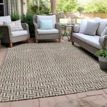 10' X 14' Brown And Beige Geometric Washable Indoor Outdoor Area Rug