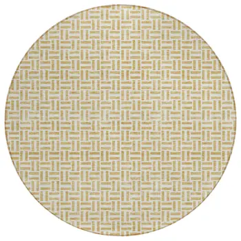 8' Gold And Ivory Round Geometric Washable Indoor Outdoor Area Rug