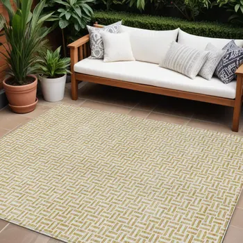 10' X 14' Gold And Ivory Geometric Washable Indoor Outdoor Area Rug