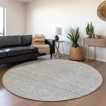 8' Gray And Silver Round Geometric Washable Indoor Outdoor Area Rug