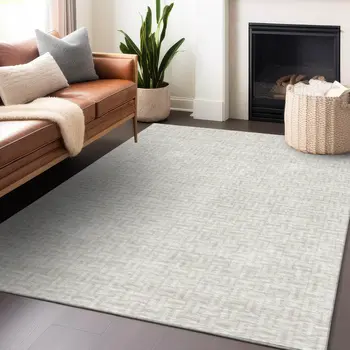 3' X 5' Ivory And Silver Geometric Washable Indoor Outdoor Area Rug