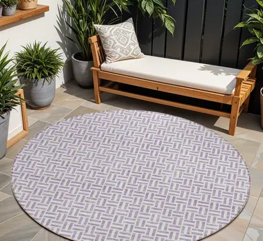 8' Lavender And Silver Round Geometric Washable Indoor Outdoor Area Rug