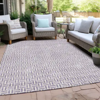 8' X 10' Lavender And Silver Geometric Washable Indoor Outdoor Area Rug