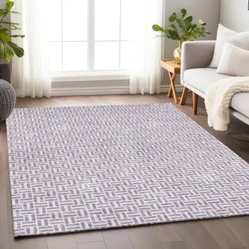 8' X 10' Lavender And Silver Geometric Washable Indoor Outdoor Area Rug