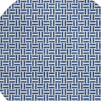 8' Navy Blue And Gray Round Geometric Washable Indoor Outdoor Area Rug