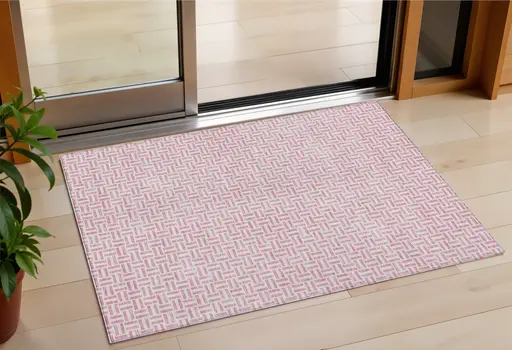 3' X 5' Pink And Silver Geometric Washable Indoor Outdoor Area Rug