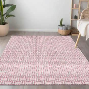 10' X 14' Pink And Silver Geometric Washable Indoor Outdoor Area Rug