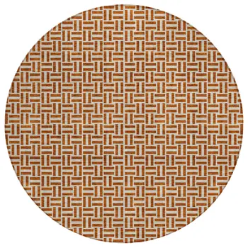 8' Copper And Beige Round Geometric Washable Indoor Outdoor Area Rug