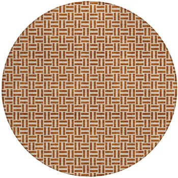 8' Copper And Beige Round Geometric Washable Indoor Outdoor Area Rug