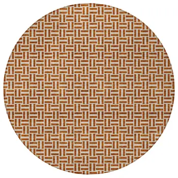 8' Copper And Beige Round Geometric Washable Indoor Outdoor Area Rug