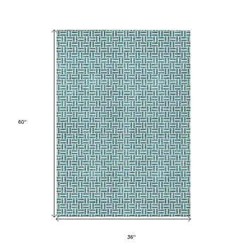 3' X 5' Teal Blue And Silver Geometric Washable Indoor Outdoor Area Rug