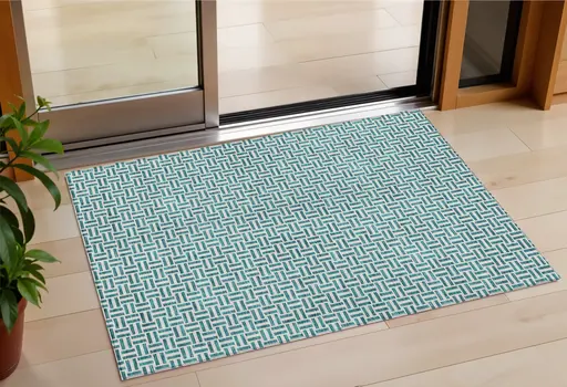 3' X 5' Teal Blue And Silver Geometric Washable Indoor Outdoor Area Rug