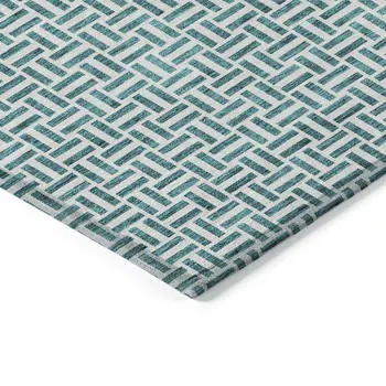 3' X 5' Teal Blue And Silver Geometric Washable Indoor Outdoor Area Rug