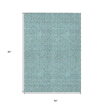 5' X 8' Teal Blue And Silver Geometric Washable Indoor Outdoor Area Rug