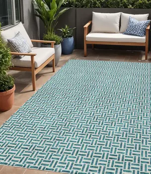 5' X 8' Teal Blue And Silver Geometric Washable Indoor Outdoor Area Rug