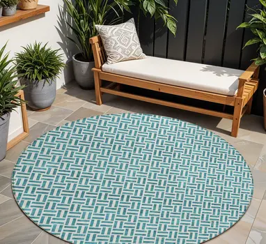8' Teal Blue And Silver Round Geometric Washable Indoor Outdoor Area Rug