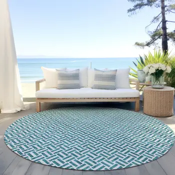 8' Teal Blue And Silver Round Geometric Washable Indoor Outdoor Area Rug