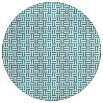 8' Teal Blue And Silver Round Geometric Washable Indoor Outdoor Area Rug