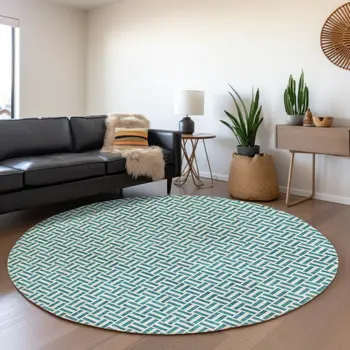8' Teal Blue And Silver Round Geometric Washable Indoor Outdoor Area Rug