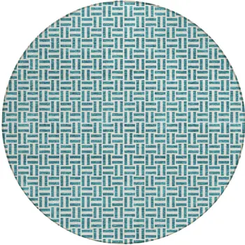 8' Teal Blue And Silver Round Geometric Washable Indoor Outdoor Area Rug