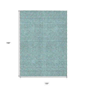 10' X 14' Teal Blue And Silver Geometric Washable Indoor Outdoor Area Rug
