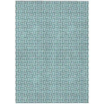 10' X 14' Teal Blue And Silver Geometric Washable Indoor Outdoor Area Rug