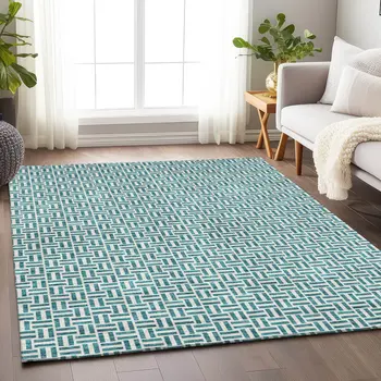 10' X 14' Teal Blue And Silver Geometric Washable Indoor Outdoor Area Rug