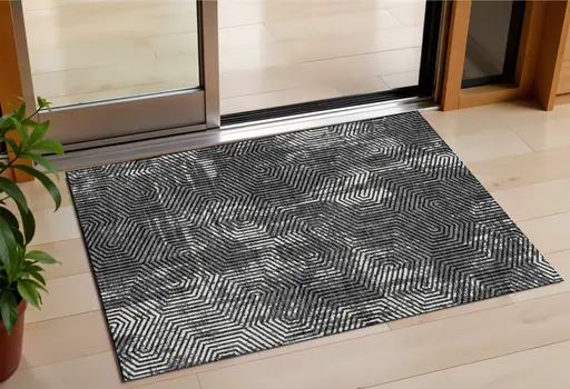 3' X 5' Black And Ivory Geometric Washable Indoor Outdoor Area Rug