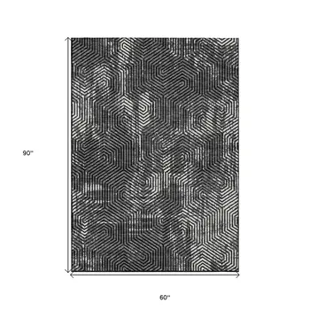 5' X 8' Black And Ivory Geometric Washable Indoor Outdoor Area Rug