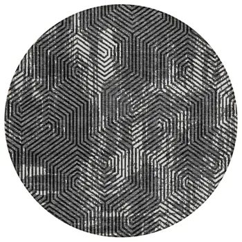 8' Black And Ivory Round Geometric Washable Indoor Outdoor Area Rug
