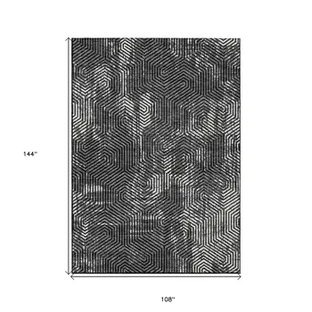 9' X 12' Black And Ivory Geometric Washable Indoor Outdoor Area Rug