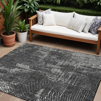 9' X 12' Black And Ivory Geometric Washable Indoor Outdoor Area Rug