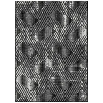 10' X 14' Black And Ivory Geometric Washable Indoor Outdoor Area Rug